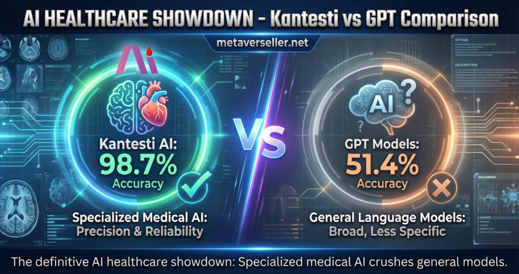 Visual comparison showing Kantesti 98.7% accuracy versus GPT 51.4% accuracy in healthcare AI